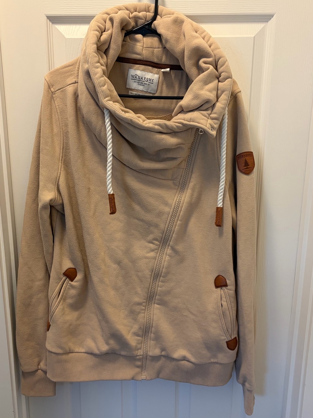 Wanakome Cream Asymmetric Funnel Neck Bomber Hoodie